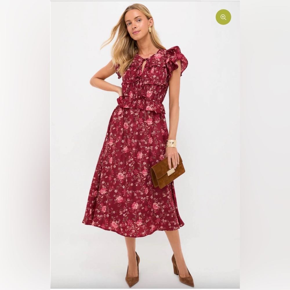 Moon River Burgundy Floral Ruffle Midi Dress